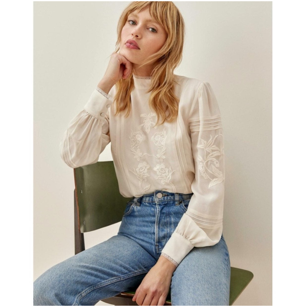 Reformation Emme Long Sleeve Embroidered Blouse in Cream Size Medium